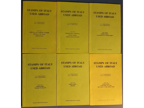 Literature. 'Stamps of Italy Used Abroad', Part One–Part Six, Tchilinghirian, Bernadelli, Harris Publications, 1963, paperback (card covers), illustrated. Useful, sought-after and very rare reference work. Used. (6).