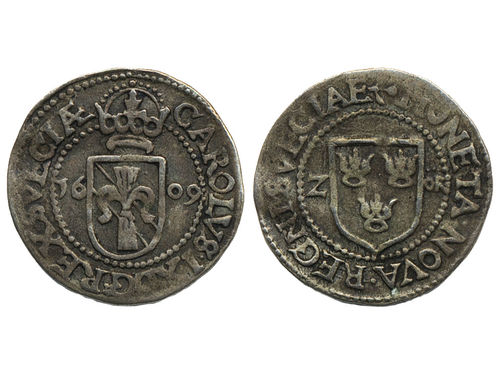 Coins, Sweden. Karl IX, SM 71a, 2 öre 1609. 1.66 g. Stockholm. SMB 70. 1.