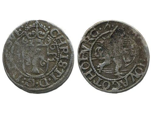 Coins, Sweden. Kristina, SM 93, 1 öre 1636. 1.02 g. Göteborg. RE.SVE. SMB 163a. 1?