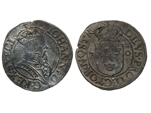 Coins, Sweden. Johan III, SM 72, 2 öre 1570. 2.87 g. Stockholm. Edge nicks. SMB 60. 1/1+.