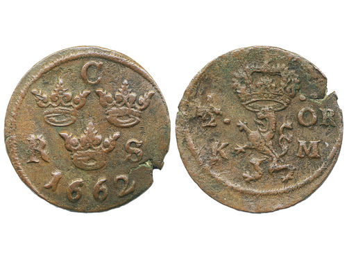 Coins, Sweden. Karl XI, SM 349, ½ öre KM 1662. 8.11 g. Edge crack. SMB 540. 1/1+.