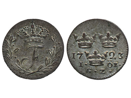 Coins, Sweden. Fredrik I, SM 160 a, 1 öre 1723. 1.18 g. Stockholm. SMB 166. 1+.