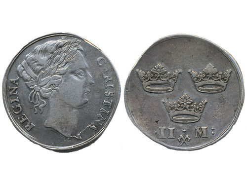 Coins, Sweden. Kristina, SM 65g, 2 mark U.Å. 10.29 g. Stockholm. SMB 109. 1/1+.