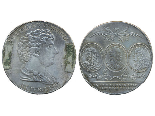 Coins, Sweden. Karl XIV Johan, SM 43, 1 riksdaler 1821. 28.95 g. Stockholm. Has been mounted, cleaned. SMB 16. 1/1+.