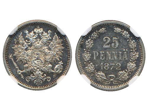 Coins, Finland. Alexander II, KM 6.2, 25 penniä 1872. Graded by NGC as MS62. 01.