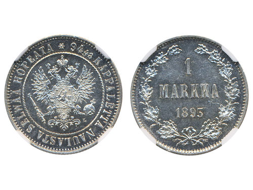 Coins, Finland. Alexander III, KM 3.2, 1 markka 1893. Graded by NGC as MS62. Bitkin 232. 01.