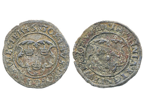 Coins, Sweden. Gustav Vasa, SM 219, 4 penningar 1546. 0.75 g. Svartsjö. Corroded, verdigris. SMB 278. 1/1+.