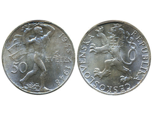 Coins, Czechoslovakia. KM 25, 50 koruna 1948. Graded by PCGS as MS65. UNC.