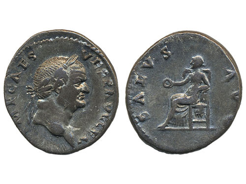 Coins, Ancient, Roman Empire. Vespasian (69-79 AD), RIC 513, Denarius 73 AD. 2.69 g. IMP CAES VESP AVG CEN, laureate head to right)(SALVS AVG, Salus seated to left, holding patera. RSC 431. VF.