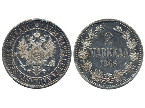 Coins, Finland. Alexander II, KM 7.1, 2 markkaa 1866/5. Very scarce overdate. Graded by PCGS as MS61. Bitkin -. 01.