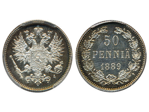 Coins, Finland. Alexander III, Holmasto 400.2, 50 penniä 1889. Obverse with later Eagle type with thinner lines in Coat-of-Arms. Extremely rare with approx 10 pieces known. Superb example with proof surfaces. Graded by PCGS as MS66PL. KM -. Bitkin -. 0.