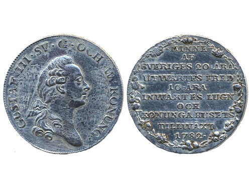 Coins, Sweden. Gustav III, SM 100, 1/3 riksdaler 1782. 9.64 g. Stockholm. Largesse money for Prins Karl Gustaf's birth 1782. R. Has been mounted?, scratches, small edge nick, cleaned. SMB 104. 1/1+.