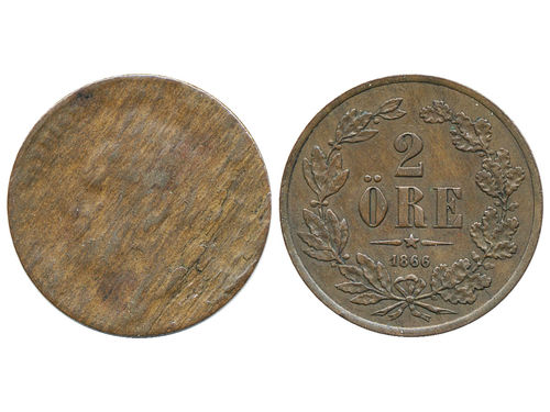 Coins, Sweden. Karl XV, SM 66, 2 öre 1866. 3.22 g. Layered material. SMB 75. MIS 8b. 1/1+.