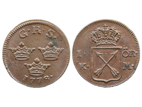 Coins, Sweden. Gustav III, SM 105b, 1 öre KM 1778. 4.77 g. Avesta. Small spots. Partly preserved red lustre. SMB 125. 1+/01.