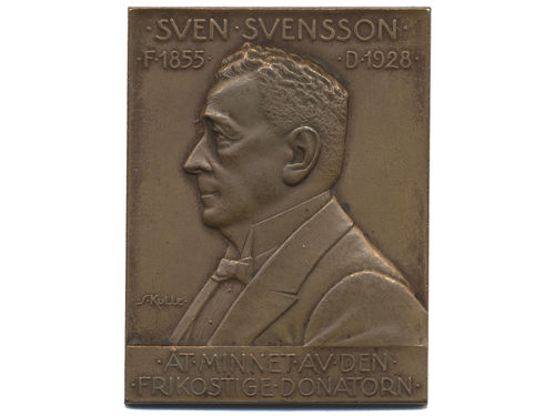 Medals, non-regal, Sweden. SNF 35, Sven Svensson (1855–1928), tobacconist, collector, donor to Svenska Numismatiska Föreningen, by Sven Kulle 1929. Bronze, 58.50 g. Issue 160 ex. 1+/01.