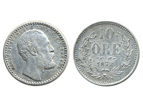 Coins, Sweden. Oskar II, MIS 1a, 10 öre 1872. SMB 2. 1+.