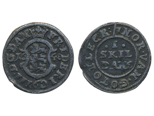 Coins, Denmark. Frederik III, Sieg 4.2, 1 skilling 1648. 0.78 g. Hede 123. 1+.