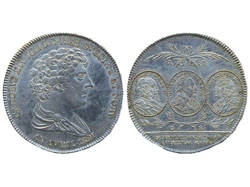 Coins, Sweden. Karl XIV Johan, SM 43, 1 riksdaler 1821. 29.32 g. Stockholm. 300th Anniversary of Gustav I st liberation war. Die crack and small scratches on reverse. Cleaned. SMB 16. 1+.