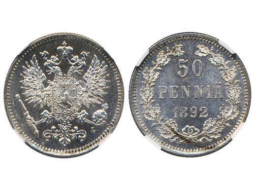 Coins, Finland. Alexander III, KM 2.2, 50 penniä 1892. Graded by NGC as MS64. 01/0.