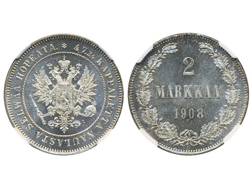 Coins, Finland. Nicholas II, KM 7.2, 2 markkaa 1908. Graded by NGC as MS64. 01/0.