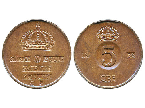 Coins, Sweden. Gustav VI Adolf, MIS I.5, 5 öre 1956. Graded by PCGS as MS64 BN. 01/0.