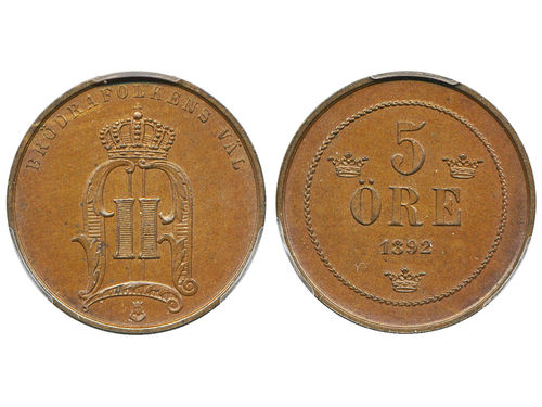 Coins, Sweden. Oskar II, MIS I.25, 5 öre 1892. Graded by PCGS as MS64 BN. 01/0.