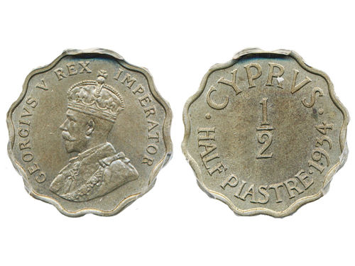 Coins, Cyprus. George V (1910–36), KM 20, ½ piastre 1934. Graded by PCGS as MS62. XF-UNC.
