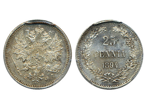 Coins, Finland. Alexander III, KM 6.2, 25 penniä 1894. Toned example. Graded by PCGS as MS63. Bitkin 415. 01/0.