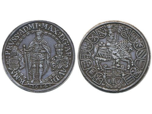 Coins, Holy Roman Empire. Maximilian III (1590–1618), KM 30, 2 taler 1614. 56.79 g. Hall mint. Tooled in fields. Dav. 5854. XF.