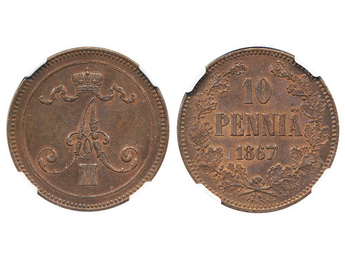 Coins, Finland. Alexander II, KM 5.1, 10 penniä 1867. Graded by NGC as MS61 BN. 01.