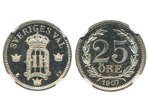 Coins, Sweden. Oskar II, MIS IIIa, 25 öre 1907. Superb mirror example with minor contact marks. Graded by NGC as PF64 Cameo. 0.