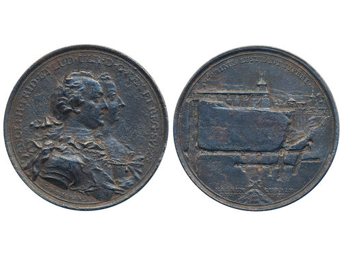 Medals, regal, Sweden. Adolf Fredrik, Hild. 26a, 64.81 g, 60 mm. Cast iron medal to Royal visit to Falu Copper Mine in 1755. Obv: Bust of King and Queen facing right, by C Wikman. Rev: Mining town view. 1+.