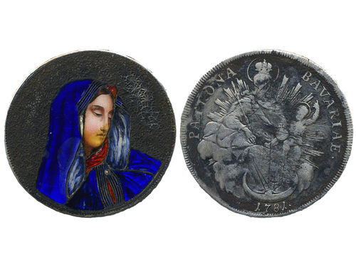 Coins, Germany, Bavaria. KM 563.1, 1 thaler. 21.45 g. Enamelled image of Maria on obverse. Unique religious item.  .