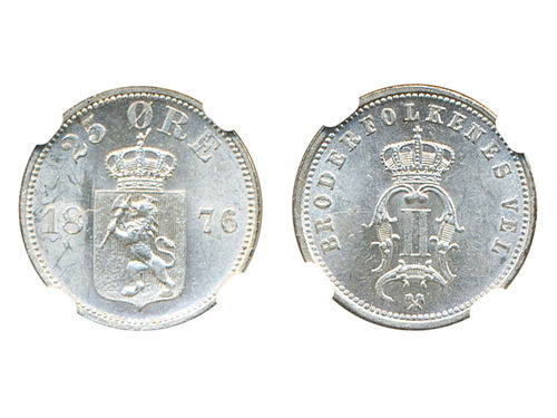 Coins, Norway. Oskar II, NM 69, 25 øre 1876. Graded by NGC as MS62. 01.