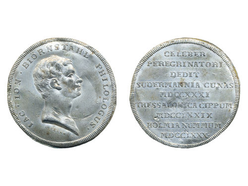 Medals, non-regal, Sweden. Hild. p.195, Jacob Jonas Björnståhl (1731–1779), philosophy professor at Uppsala University. White metal medal in two joined one-sided strikes, 35 mm, 10.00 g. Engraved by C G Fehrman, struck 1780. Obv: Bust facing right. Rev: 9 lines of Latin text. 1+/01.