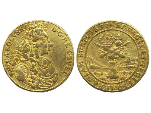 Coins, Swedish possessions, Pomerania. Karl XI, SB 60, 2 dukater 1697. 6.94 g. Stettin. Circulated, but problem free example of this scarce double ducat. R. SG 85. 1/1+.