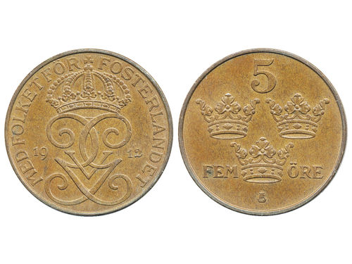 Coins, Sweden. Gustav V, MIS I.4, 5 öre 1912. 01/0.