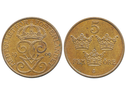 Coins, Sweden. Gustav V, MIS I.1a, 5 öre 1909. SM 177a. 01/0.