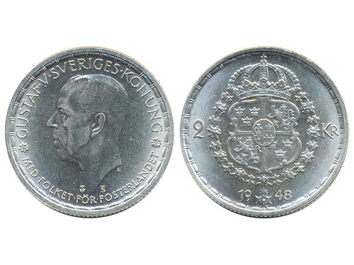 Coins, Sweden. Gustav V, MIS V.8, 2 kronor 1948. Mirror in surfaces. Superb example. SM 32. 0.