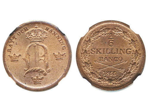 Coins, Sweden. Oskar I, SM 131, 1/6 skilling banco 1855. Graded by NGC as MS65 RB. MIS 11b. SMB 140. 0.