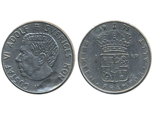Coins, Sweden. Gustav VI Adolf, MIS II.6, 1 krona 1973. Mint error where liquid has entered between die and planchet. Very scarce mint error. SM 50. 1+.