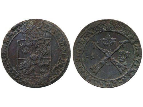 Coins, Sweden. Gustav II Adolf, SM 171b, 1 öre 1630. 26.93 g. Säter. Obverse struck with rusty dies. Beautiful reverse. SMB 233. 01.