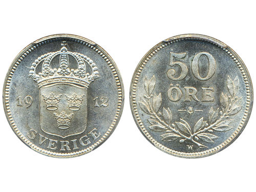 Coins, Sweden. Gustav V, MIS I.2, 50 öre 1912. Graded by PCGS as MS64. SM 72. 01/0.