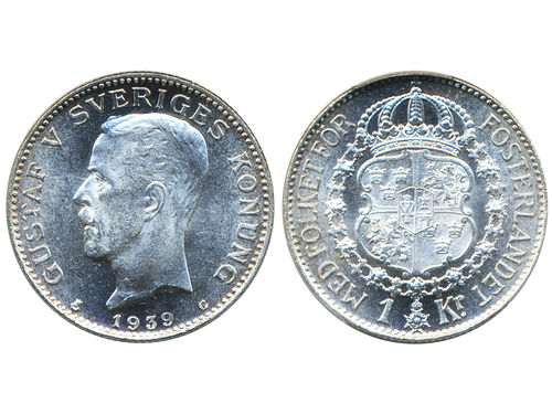 Coins, Sweden. Gustav V, MIS I.25a, 1 krona 1939. Graded by PCGS as MS65. SM 58a. 01/0.