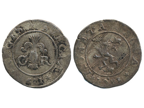 Coins, Sweden. Karl IX, SM 77a, 1 öre 1611. 1.47 g. Stockholm. Minor planchet crack at 12 o'clock. SMB 78. 1+.