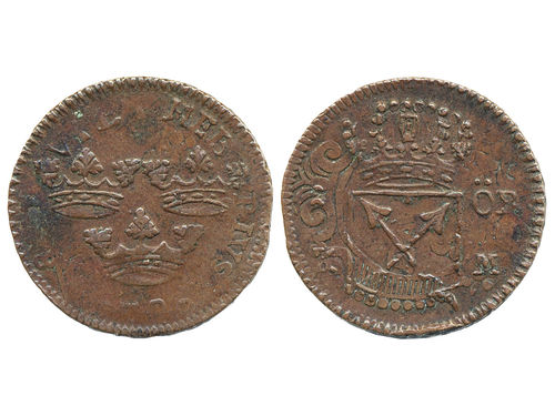 Coins, Sweden. Ulrika Eleonora, SM 25a, 1 öre KM 1719. 4.50 g. Stockholm. Overstruck on Mercurivs emergency coinage with readable host date 1718. SMB 26. 1+.