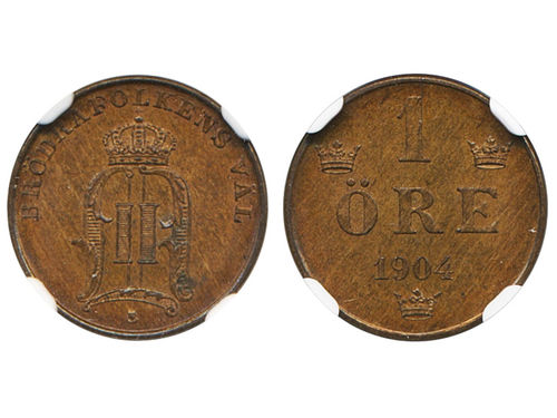 Coins, Sweden. Oskar II, MIS III.31, 1 öre 1904. Graded by NGC as MS65 BN. 0.