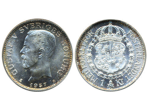 Coins, Sweden. Gustav V, MIS I.23a, 1 krona 1937. Graded by PCGS MS67. Tied finest graded. SM 56a. 0.