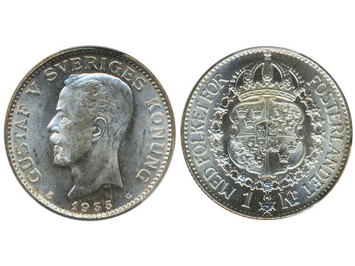 Coins, Sweden. Gustav V, MIS I.21, 1 krona 1935. Graded by PCGS as MS65. SM 54. 0.