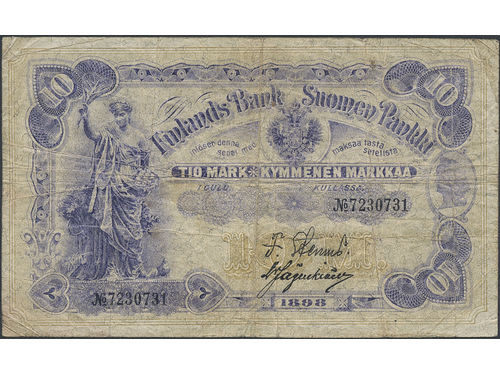 Banknotes, Finland. Pick 3c, 10 markkaa 1898. No 7230731. 1?/1.